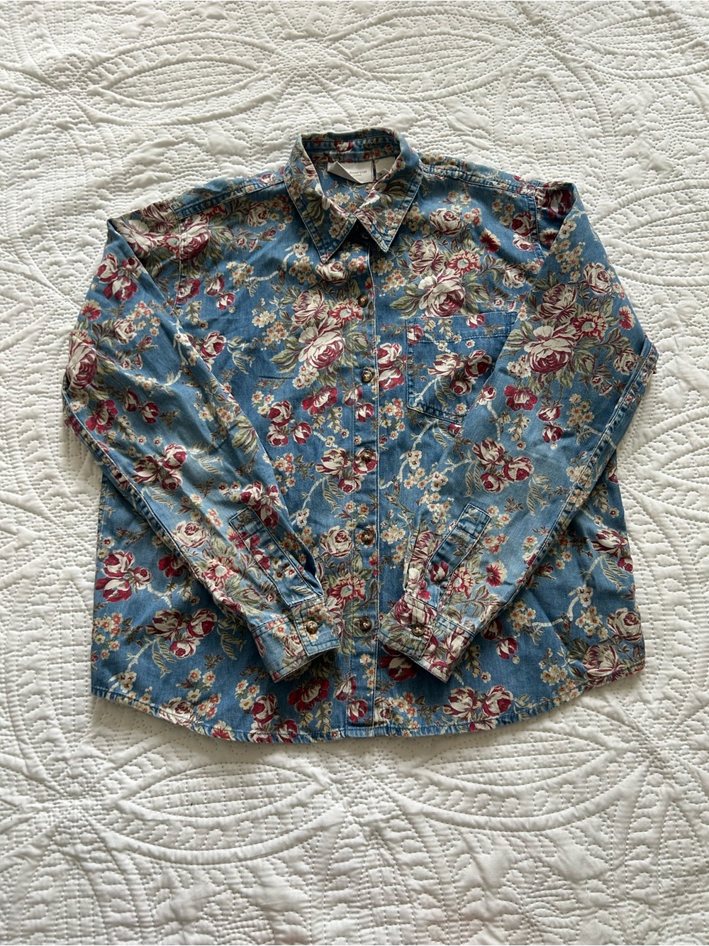 Liz Claiborne Blue Floral Button-Down Shirt with Accents 100% Cotton